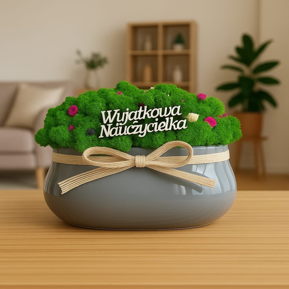 Doniczka owalna z mchem, kwiatkami i kokardką - szara - prezent dla nauczyciela - obrazek 8