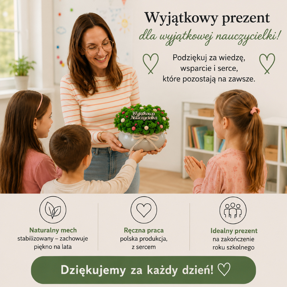 Doniczka owalna z mchem, kwiatkami i kokardką - szara - prezent dla nauczyciela - obrazek 5