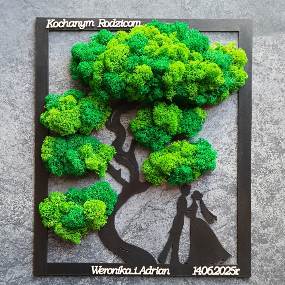 Drzewo bonsai z młodą parą i dedykacją (dla pary młodej, dziadków, rodziców)