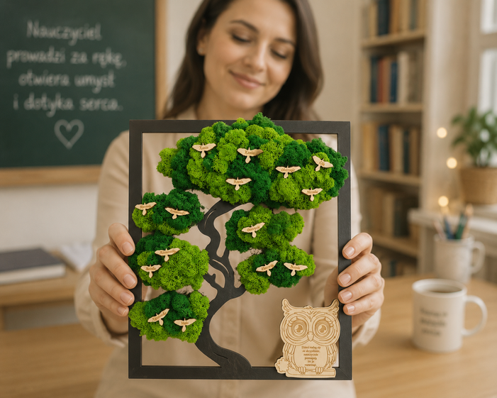 Drzewko bonsai z mchu, personalizacja imion. Sówka z dedykacją - obrazek 4
