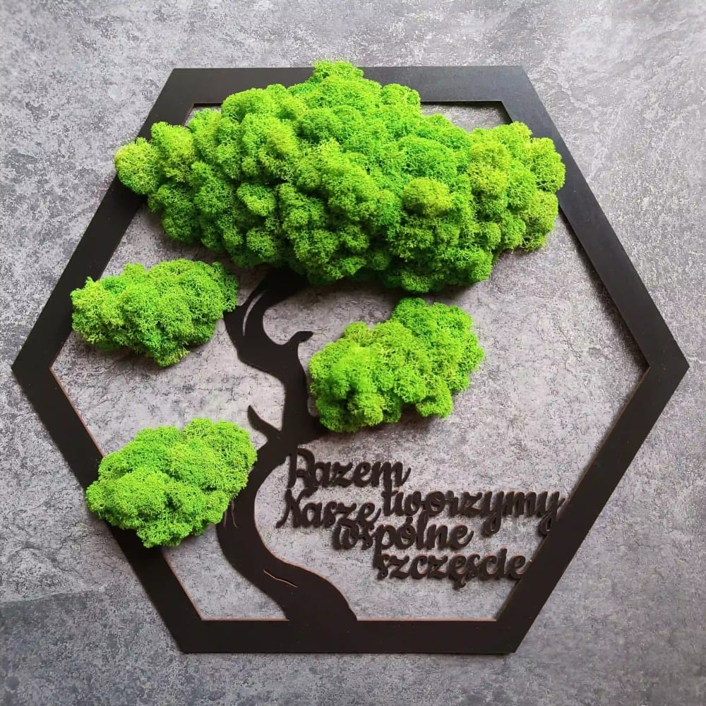 Heksagon z drzewem bonsai z mchu (50cm) – napis Razem tworzymy wspólne szczęście
