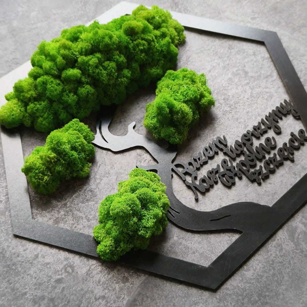 Heksagon z drzewem bonsai z mchu (50cm) – napis Razem tworzymy wspólne szczęście - Image 2