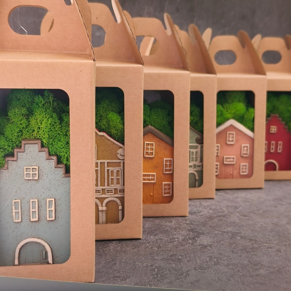 Domek z mchem w pudełku z okienkiem