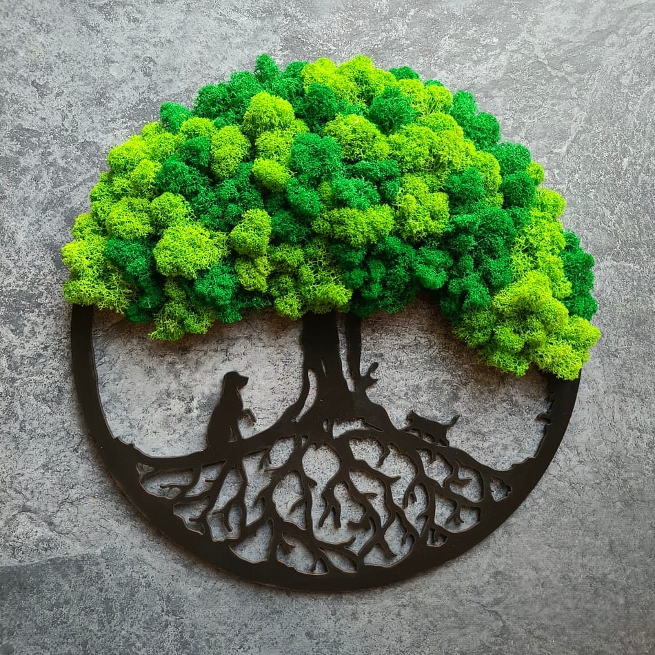 Drzewo dąb z mchu z kotem i psem, 39cm